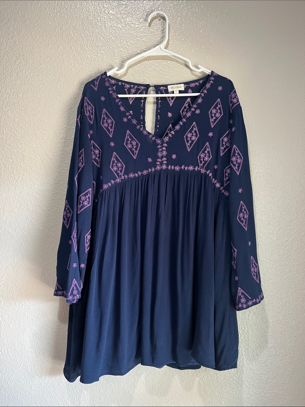 Velzera Navy Tunic Mini Dres Purple Geo Embroidery Sz 2XL Boho Floral TC0581